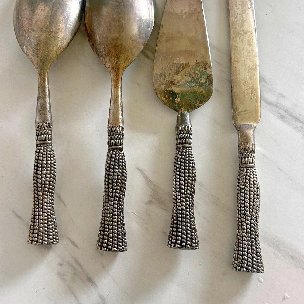 Vintage Silea Serving Set Silverplate Tassel Pattern Handles Meat Fork Spoons A
